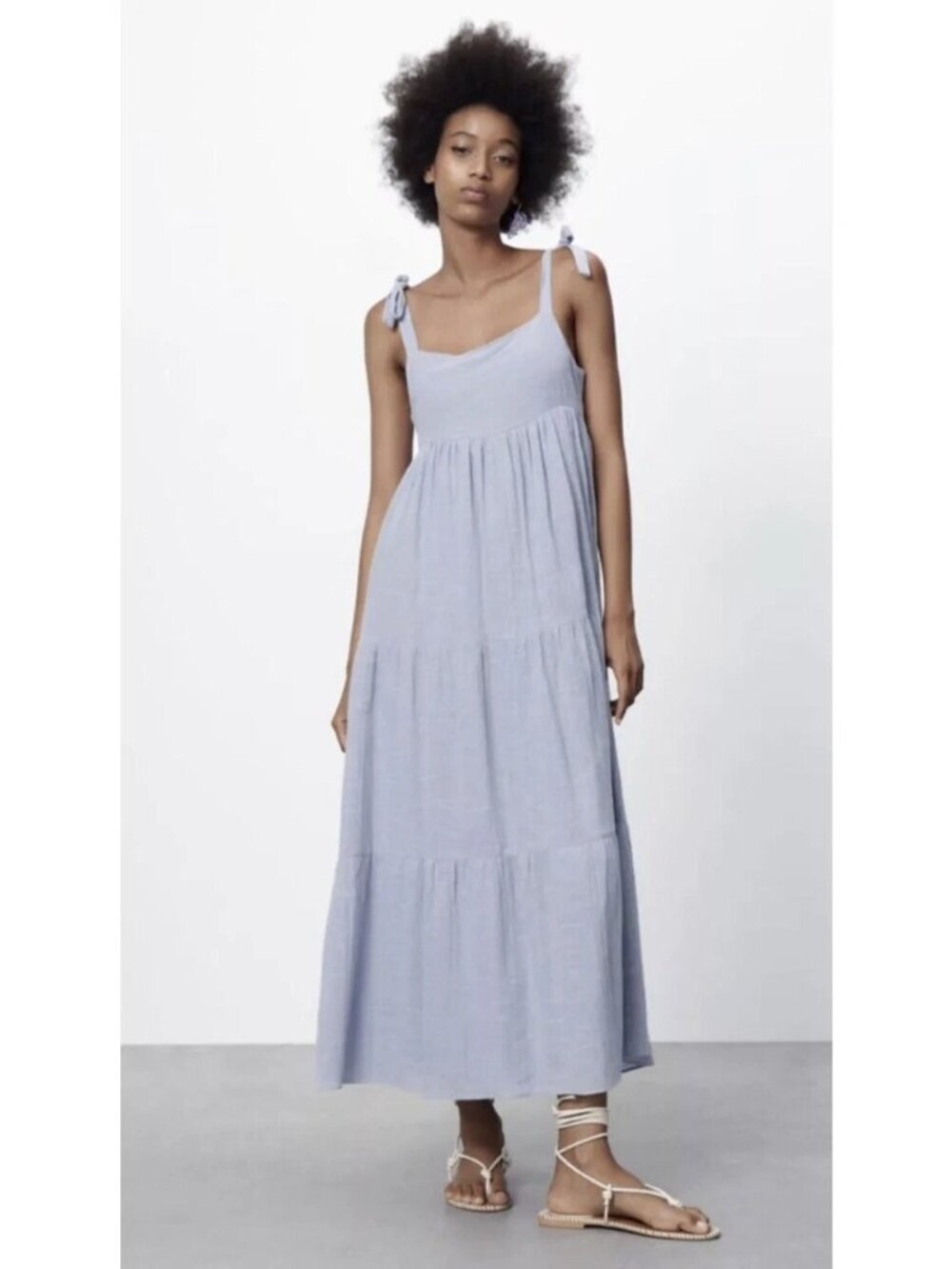 Zara Blue Tie-Strap Tiered Maxi Dress With Smocked Back